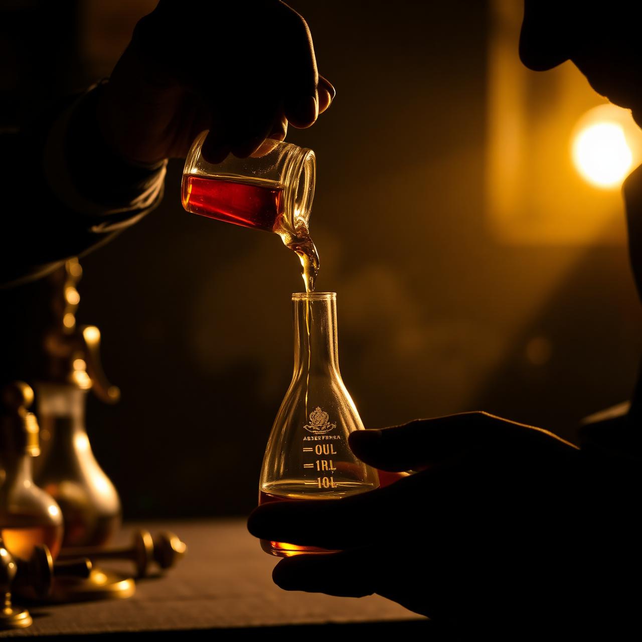 Perfumer's hands pouring amber oud oil