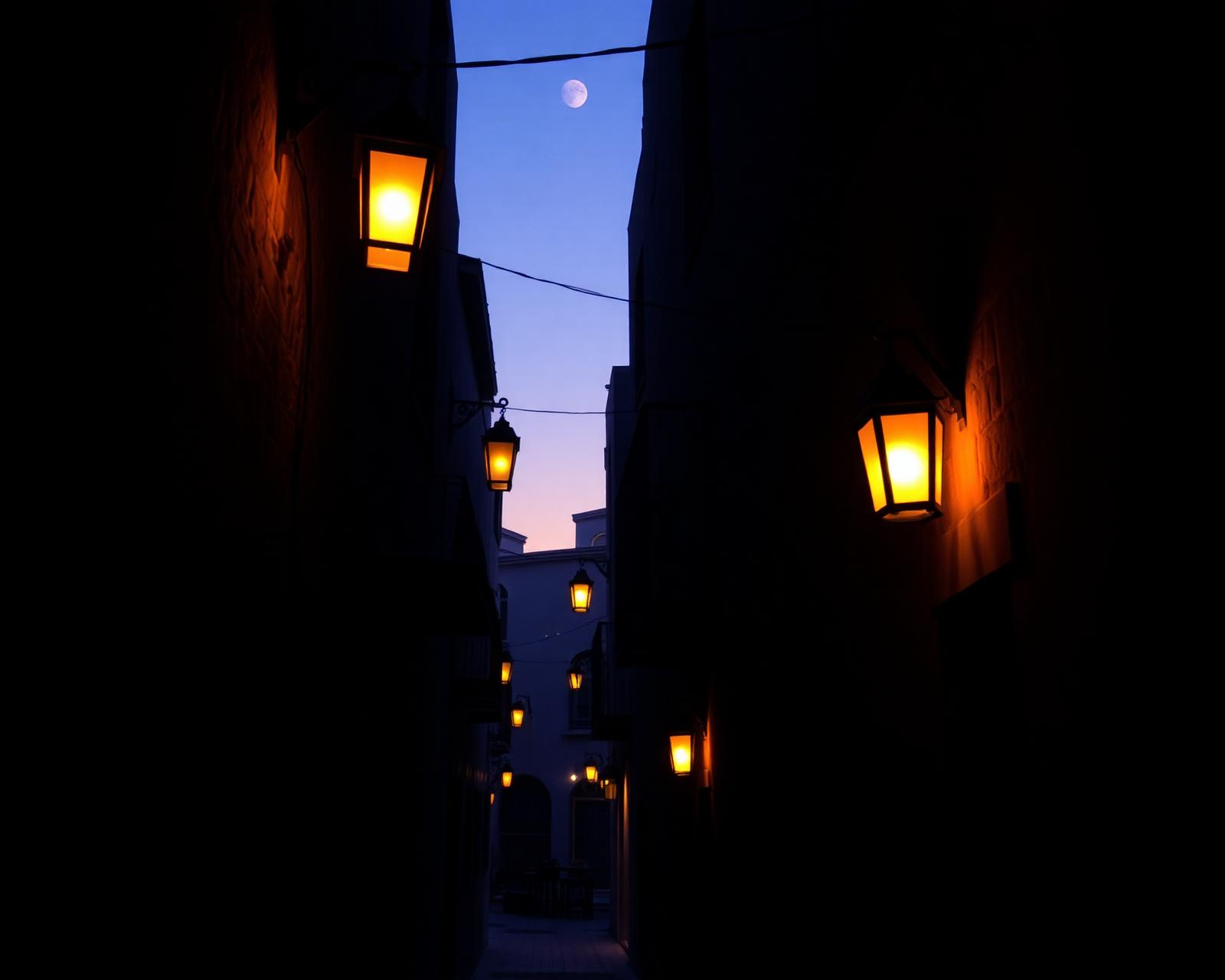 Lanterns over an Al Fahidi alleyway at dusk