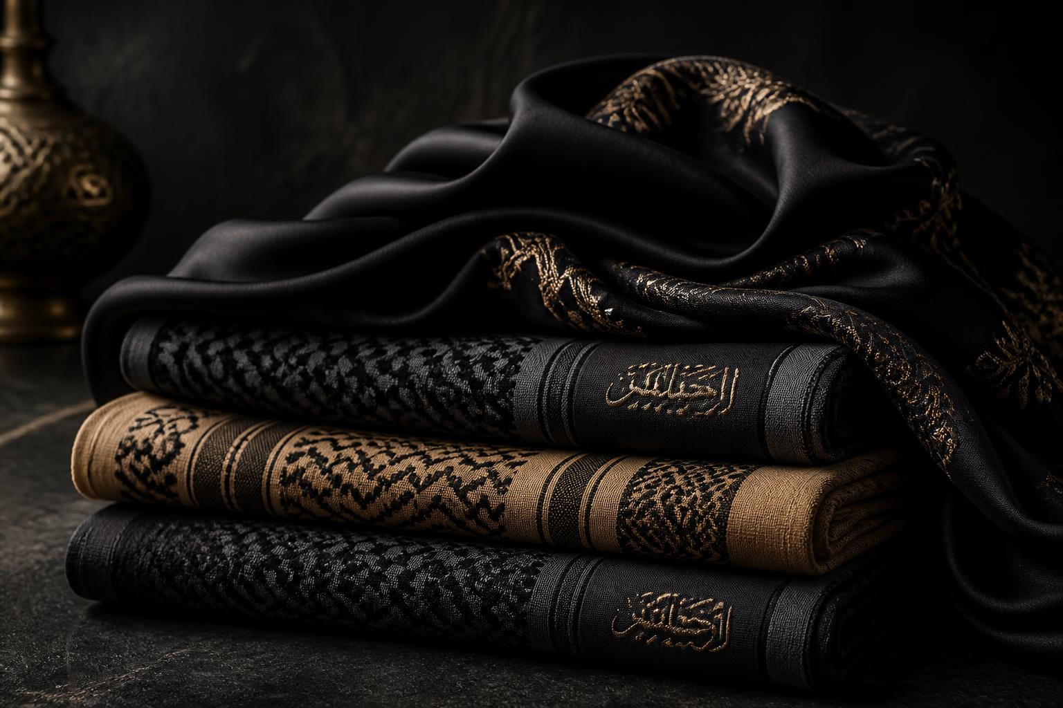 Stacked Arabic scarves with gold thread embroidery